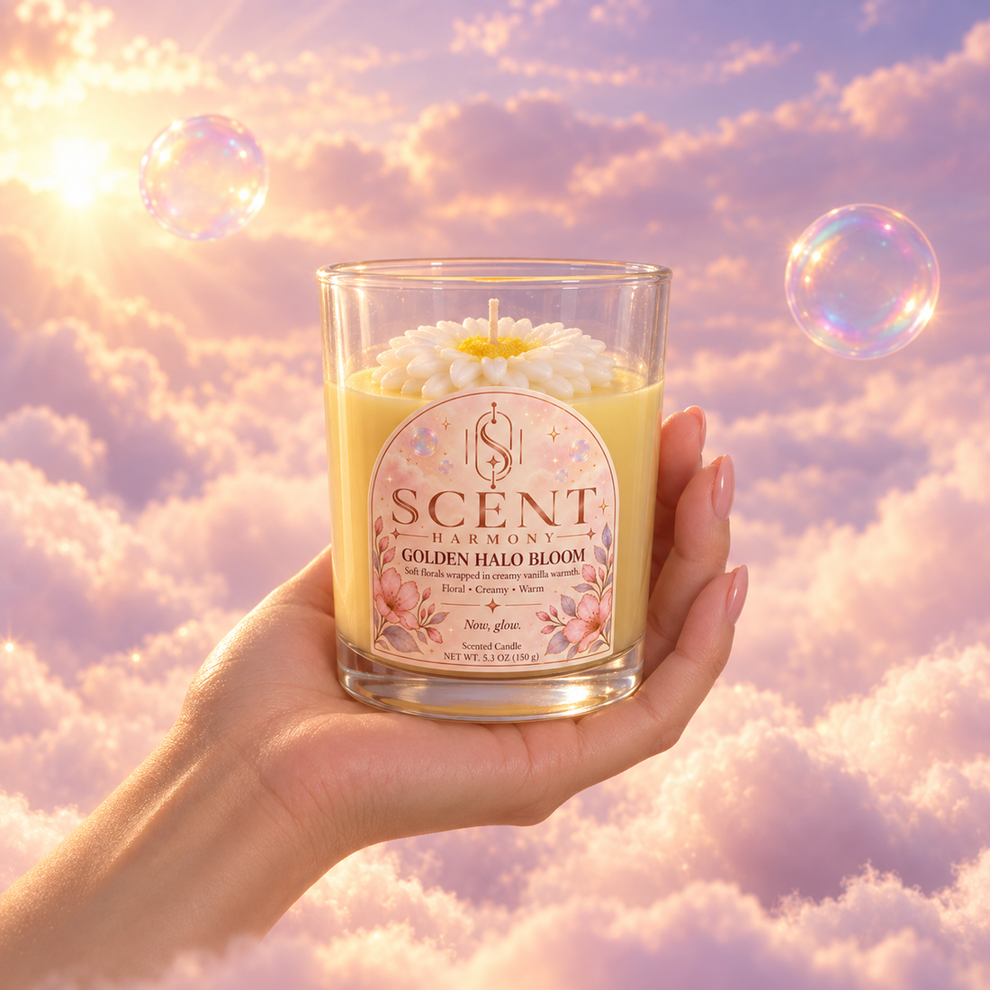 Vela Golden Halo Bloom en la mano, para ver su tamaño