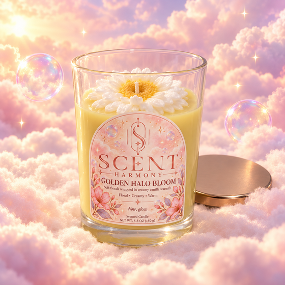Vela Golden Halo Bloom de Scent Harmony, de soya y hecha a mano, con su flor de cera