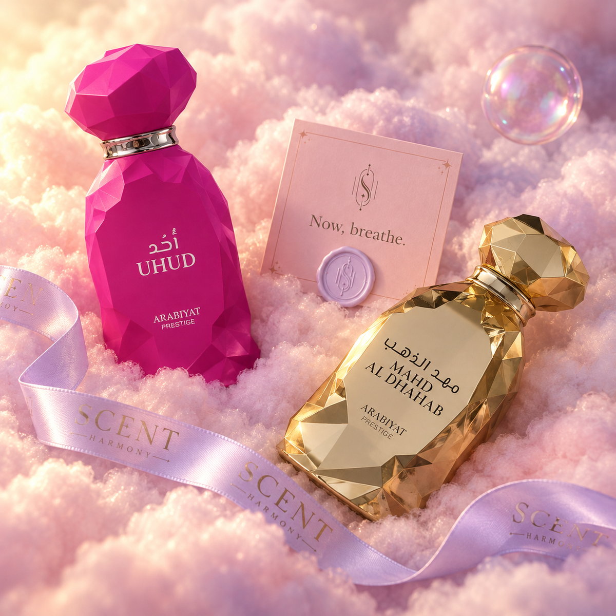 Close-up of the Golden Horizon kit with the Now, breathe card and the Scent Harmony ribbon