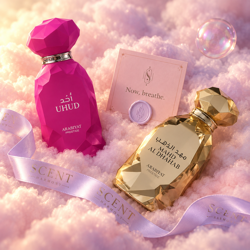 Close-up of the Golden Horizon kit with the Now, breathe card and the Scent Harmony ribbon