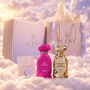 Golden Horizon gift set for couples, in front of the Scent Harmony box and gift bag