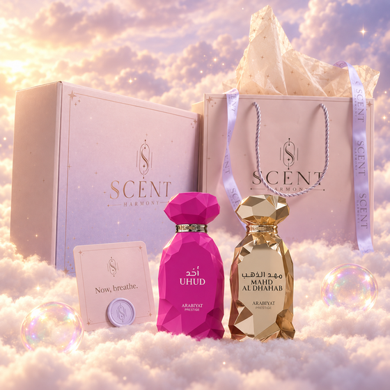 Kit de regalo Golden Horizon para parejas delante de la caja y la bolsa de regalo de Scent Harmony