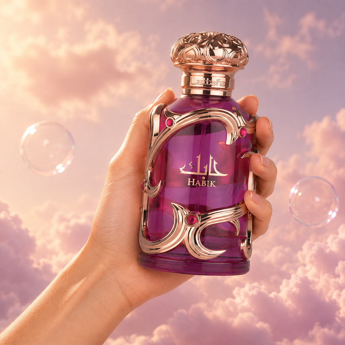 Una mano sostiene el frasco de Habik de Lattafa entre nubes rosadas.