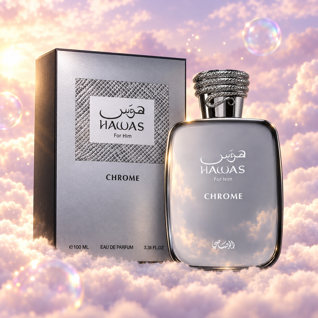 The bottle of Hawas Chrome by Rasasi next to its original box, on clouds.