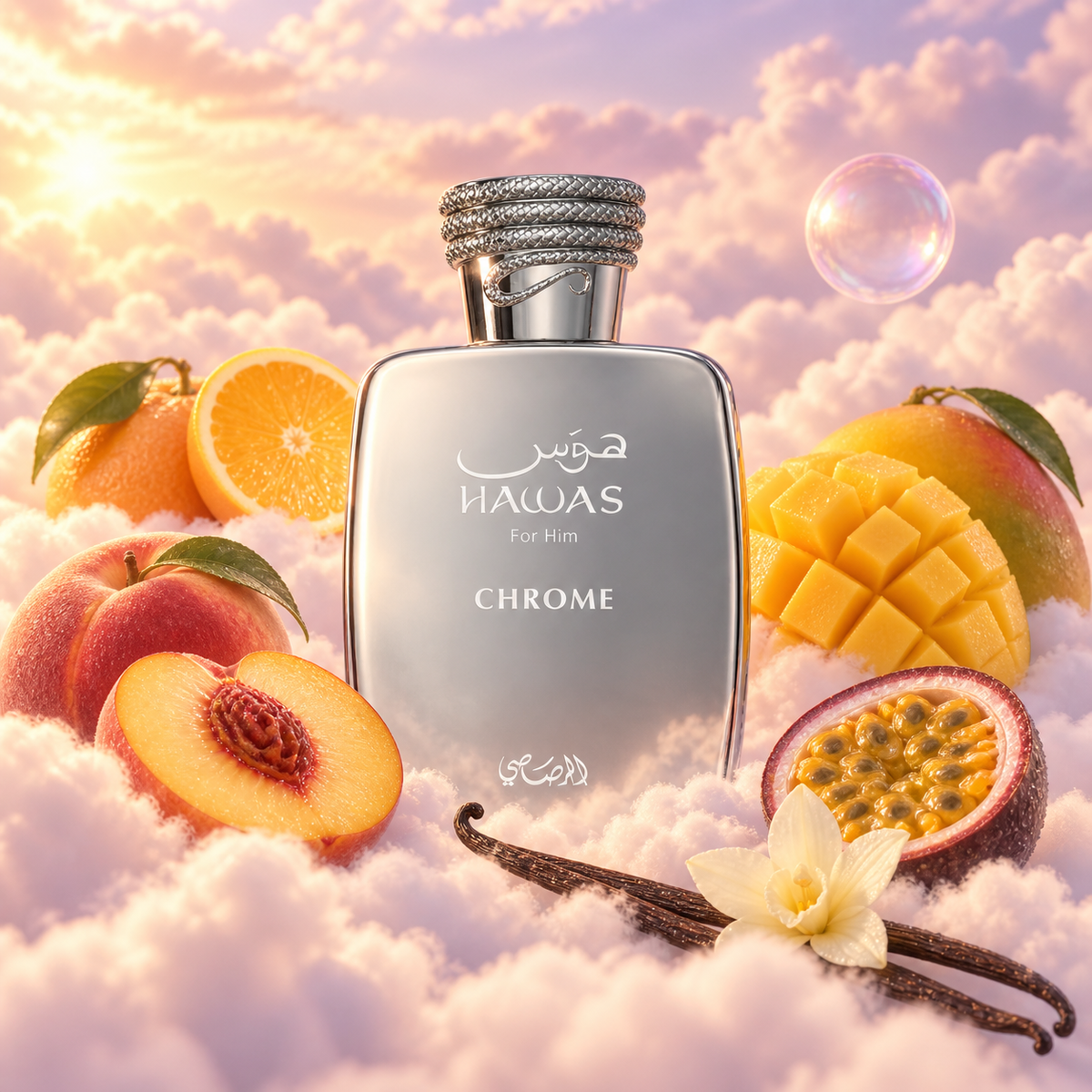 The bottle of Hawas Chrome by Rasasi surrounded by peach, orange, mango and passion fruit, on clouds.