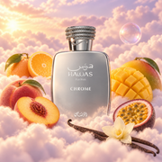 The bottle of Hawas Chrome by Rasasi surrounded by peach, orange, mango and passion fruit, on clouds.