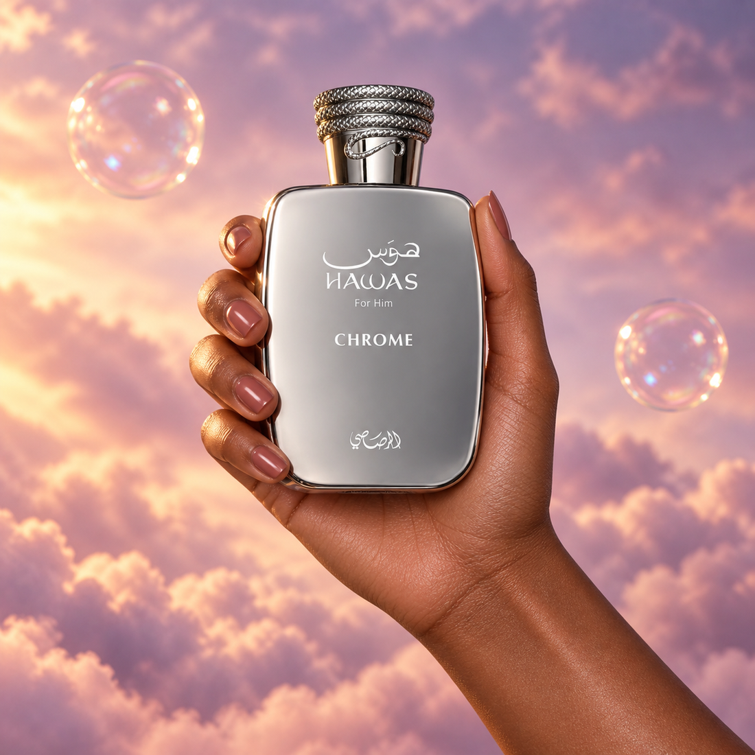 A hand holds the bottle of Hawas Chrome by Rasasi among pink clouds.