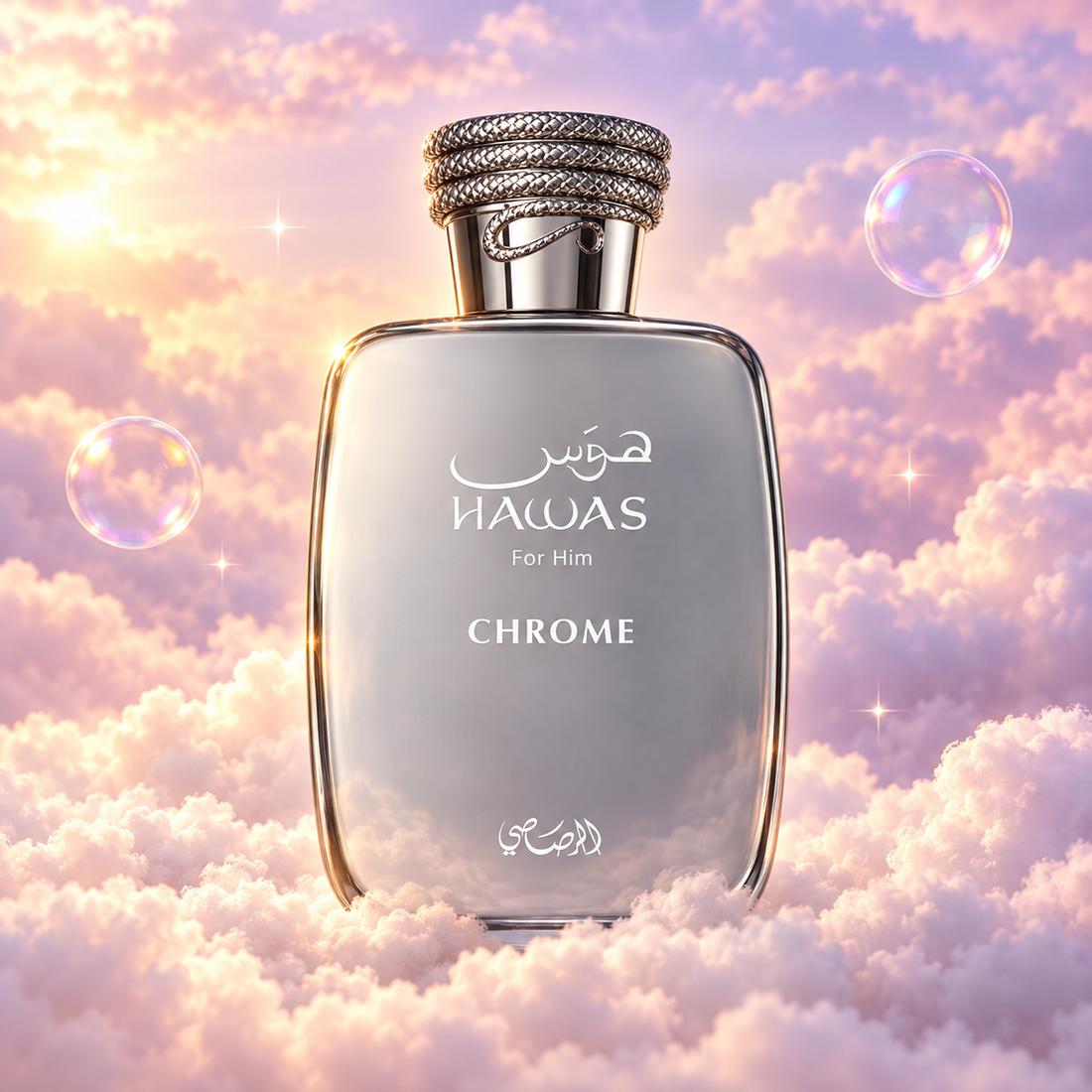 Bottle of Hawas Chrome by Rasasi on a bank of clouds, in a pink and lavender sky with iridescent bubbles and golden light.