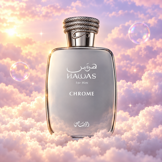 Bottle of Hawas Chrome by Rasasi on a bank of clouds, in a pink and lavender sky with iridescent bubbles and golden light.