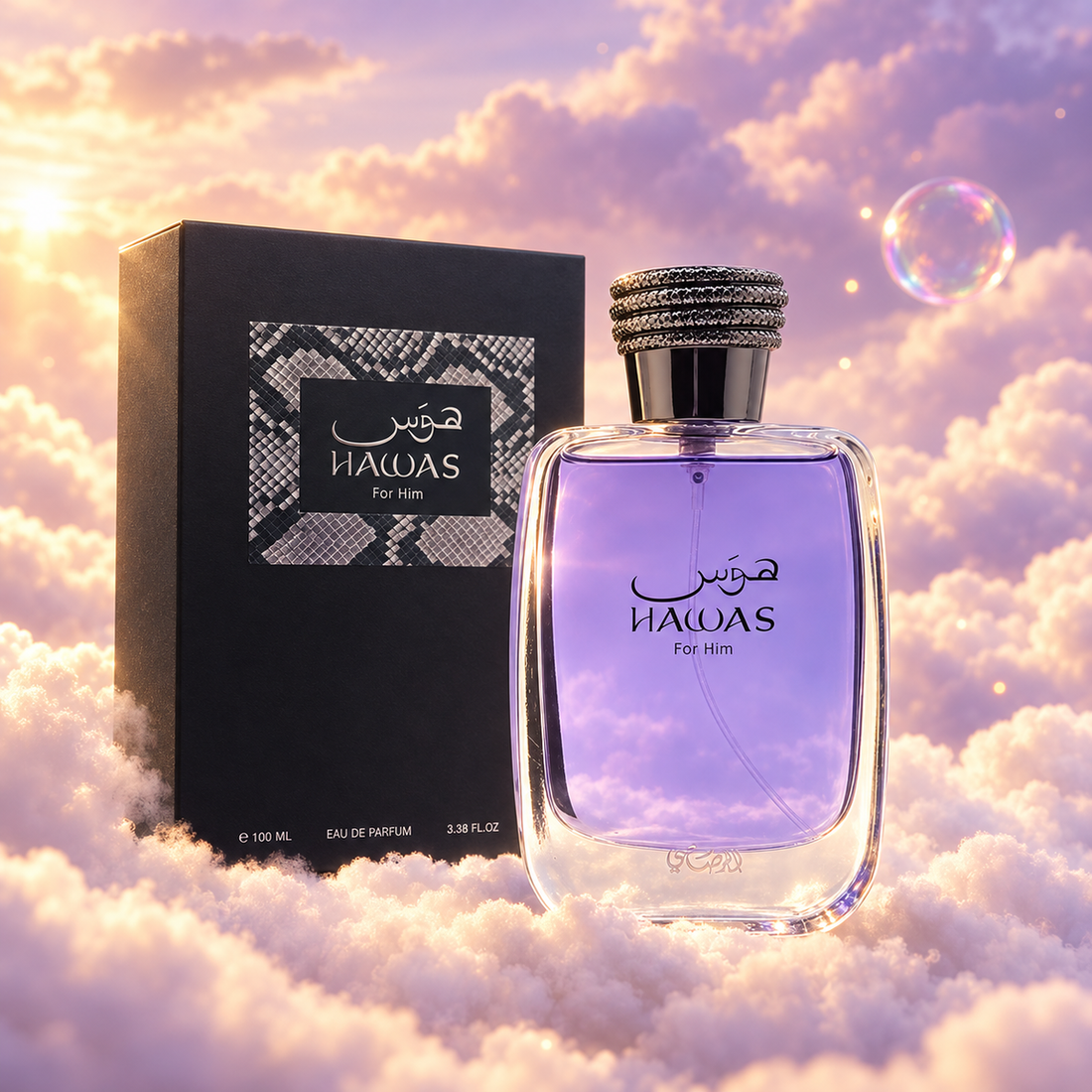 The bottle of Hawas For Him by Rasasi next to its original box, on clouds.