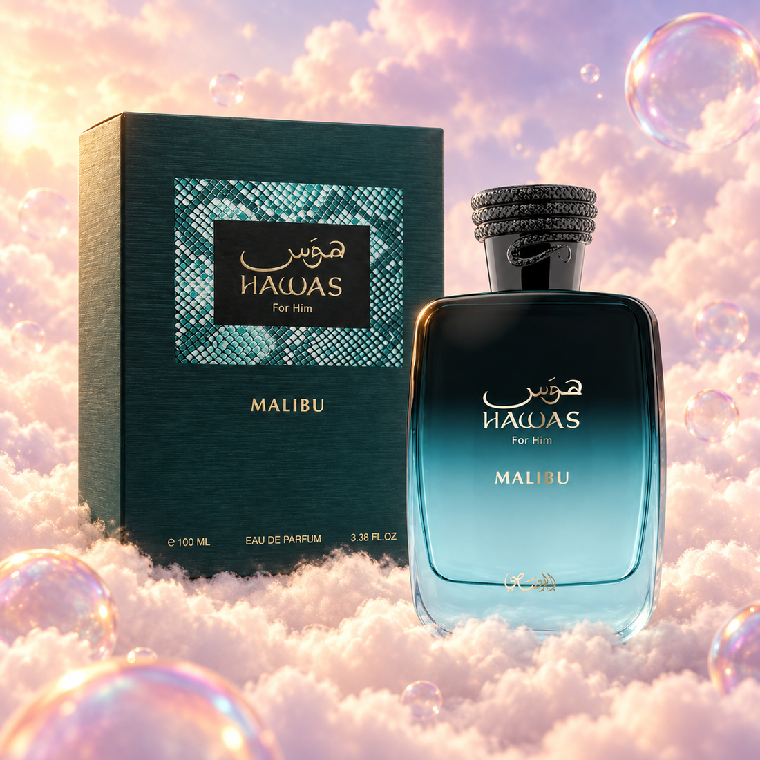 The bottle of Hawas Malibu by Rasasi next to its original box, on clouds.