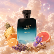 The bottle of Hawas Malibu by Rasasi surrounded by pineapple, orange, iris and amber, on clouds.