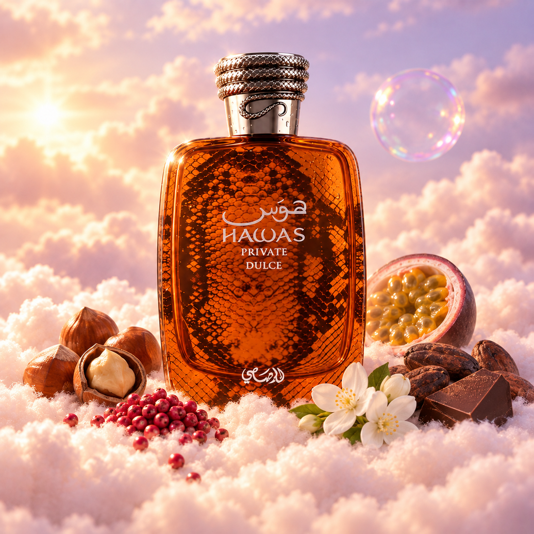 The bottle of Hawas Private Dulce by Rasasi surrounded by hazelnut, pink pepper, cacao and jasmine sambac, on clouds.