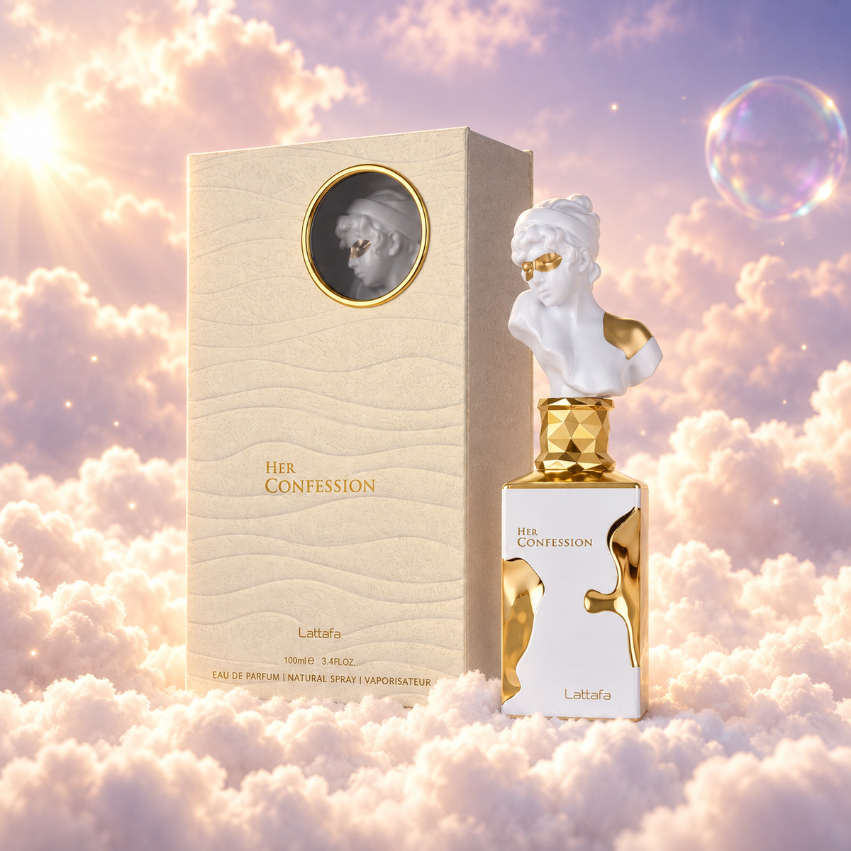The bottle of Her Confession by Lattafa next to its original box, on clouds.