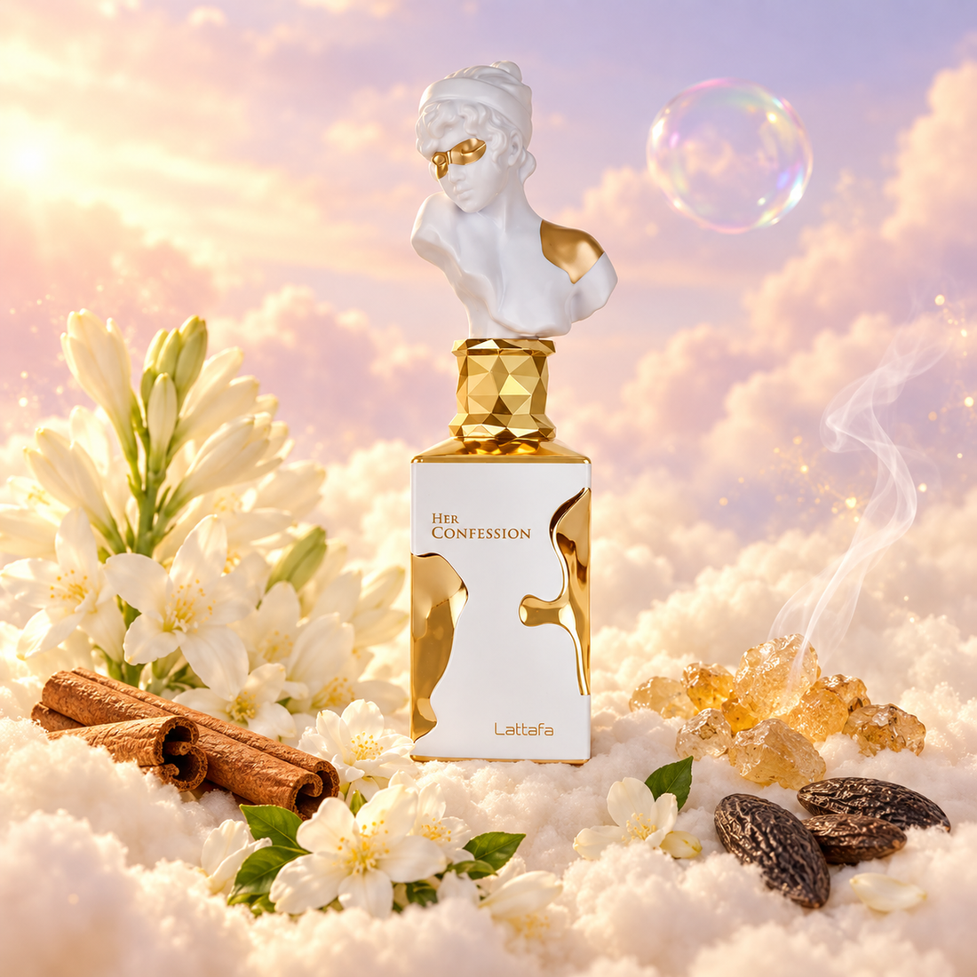 The bottle of Her Confession by Lattafa surrounded by cinnamon, tuberose and jasmine, on clouds.
