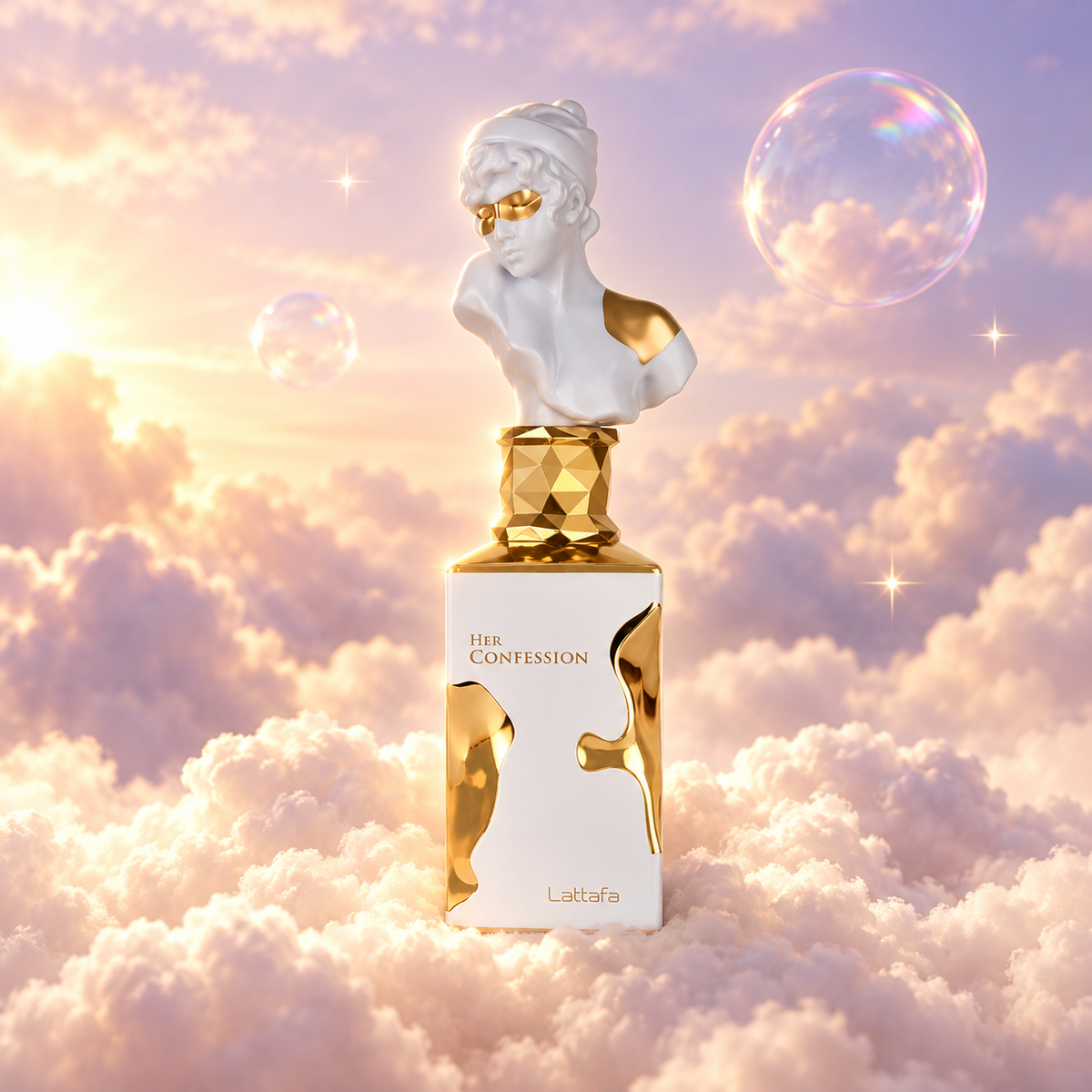 Bottle of Her Confession by Lattafa on a bank of clouds, in a pink and lavender sky with iridescent bubbles and golden light.