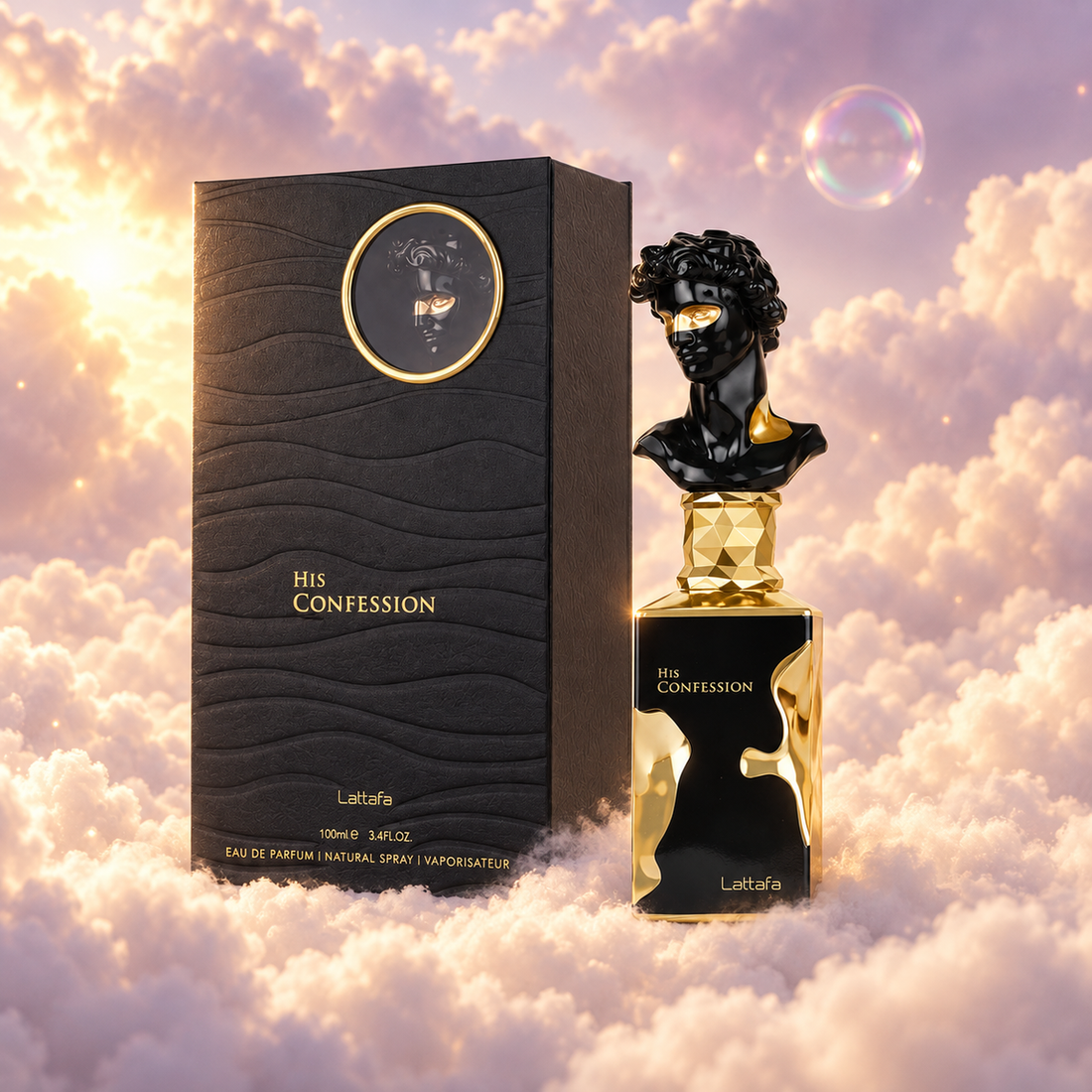 The bottle of His Confession by Lattafa next to its original box, on clouds.