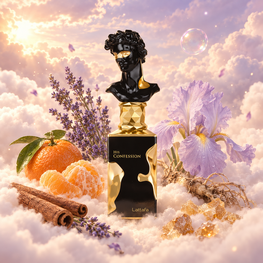 The bottle of His Confession by Lattafa surrounded by cinnamon, lavender, iris and benzoin, on clouds.