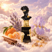 The bottle of His Confession by Lattafa surrounded by cinnamon, lavender, iris and benzoin, on clouds.