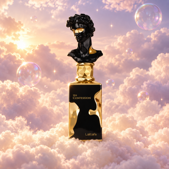 Frasco de His Confession de Lattafa sobre un banco de nubes, en un cielo rosa y lavanda con pompas iridiscentes y luz dorada.