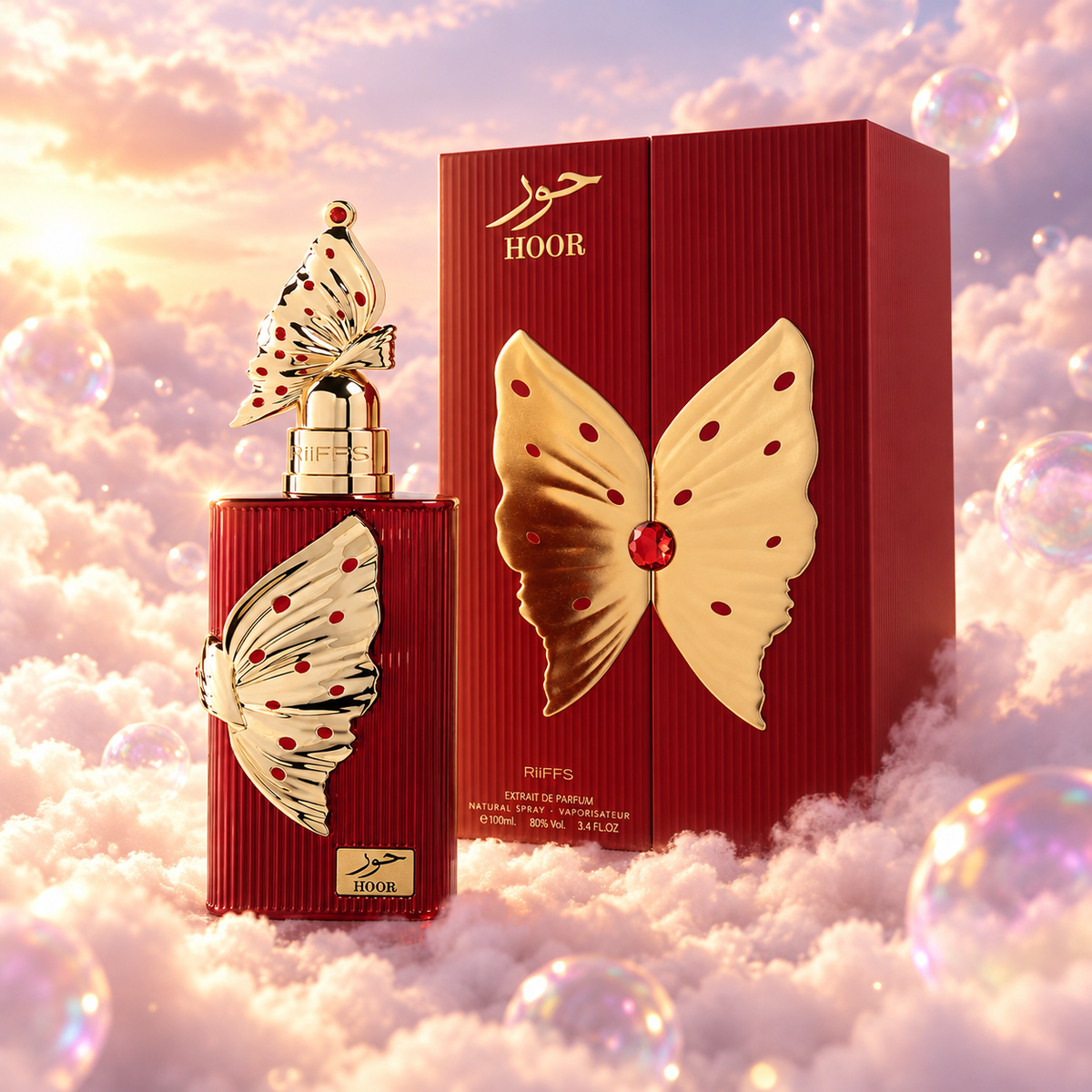 The bottle of Hoor by Riiffs next to its original box, on clouds.