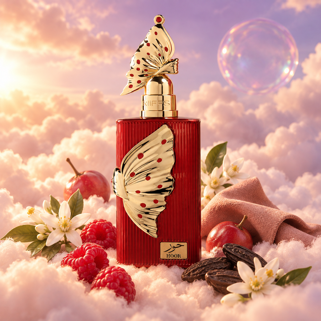 The bottle of Hoor by Riiffs surrounded by raspberry, suede, orange blossom and tonka bean, on clouds.
