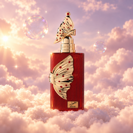 Frasco de Hoor de Riiffs sobre un banco de nubes, en un cielo rosa y lavanda con pompas iridiscentes y luz dorada.