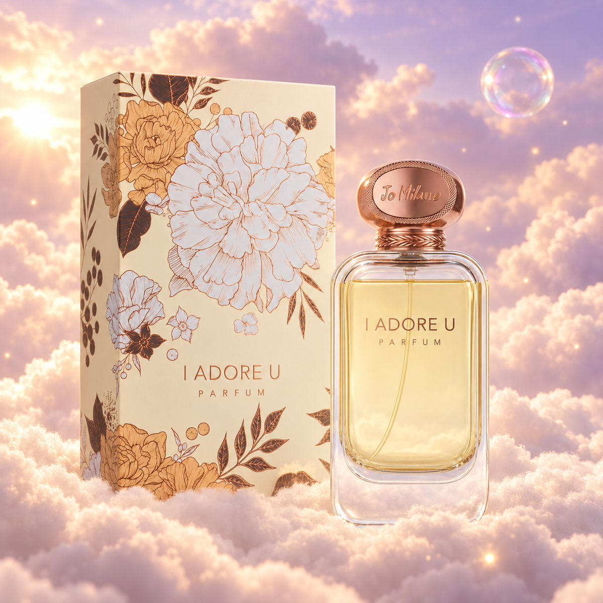 The bottle of I Adore U by Jo Milano next to its original box, on clouds.