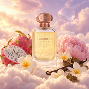 The bottle of I Adore U by Jo Milano surrounded by dragon fruit, frangipani and peony, on clouds.