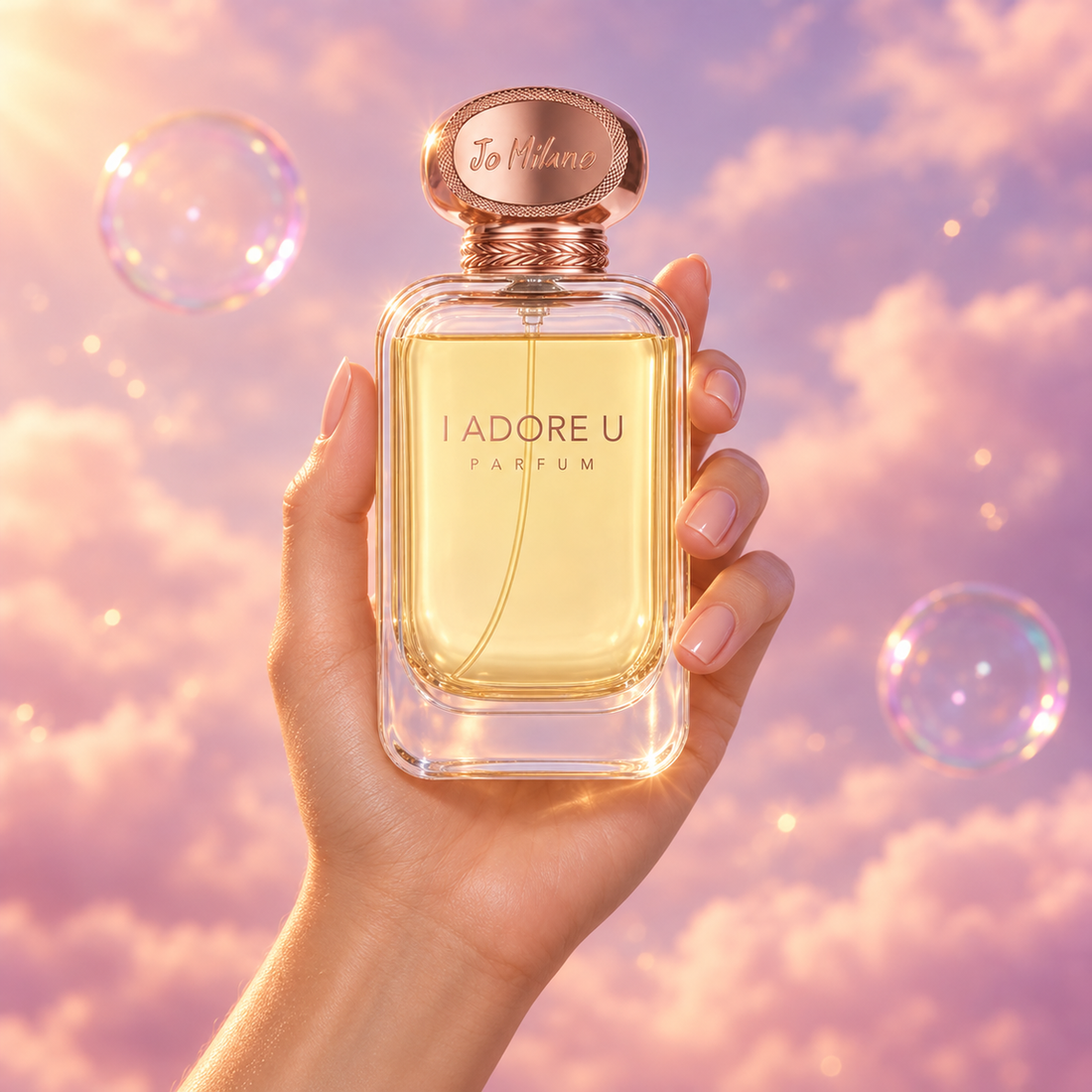 A hand holds the bottle of I Adore U by Jo Milano among pink clouds.