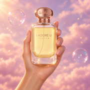 A hand holds the bottle of I Adore U by Jo Milano among pink clouds.