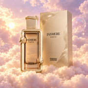 The bottle of Jasmere by French Avenue next to its original box, on clouds.