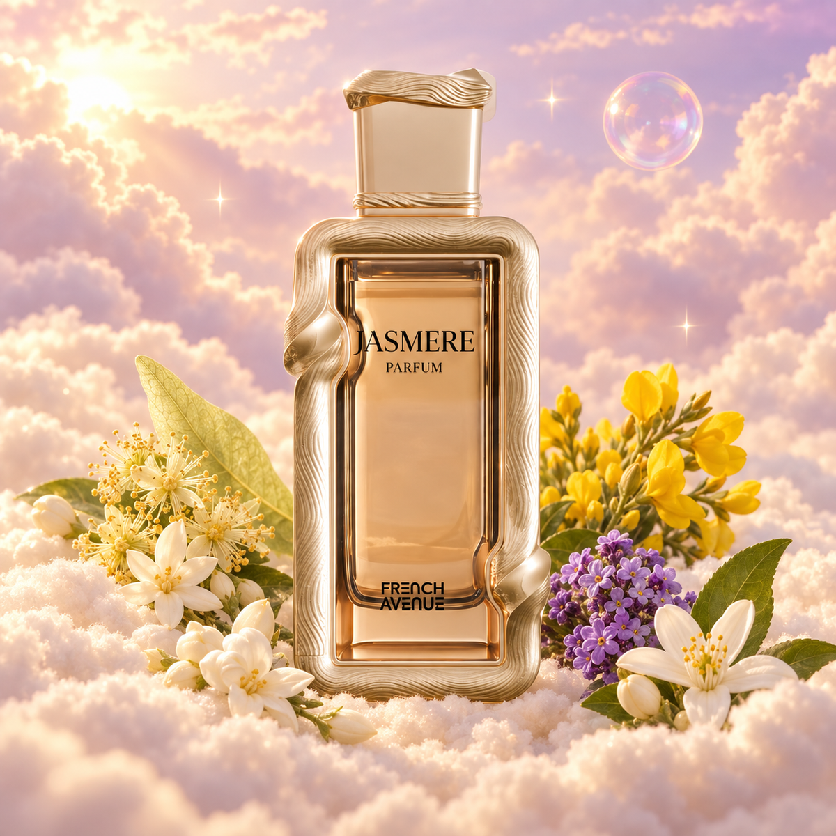 The bottle of Jasmere by French Avenue surrounded by linden blossom, jasmine sambac, heliotrope and orange blossom, on clouds.