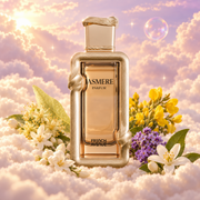 The bottle of Jasmere by French Avenue surrounded by linden blossom, jasmine sambac, heliotrope and orange blossom, on clouds.
