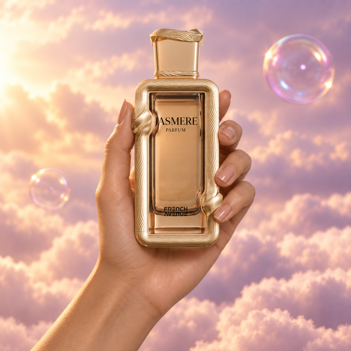 A hand holds the bottle of Jasmere by French Avenue among pink clouds.