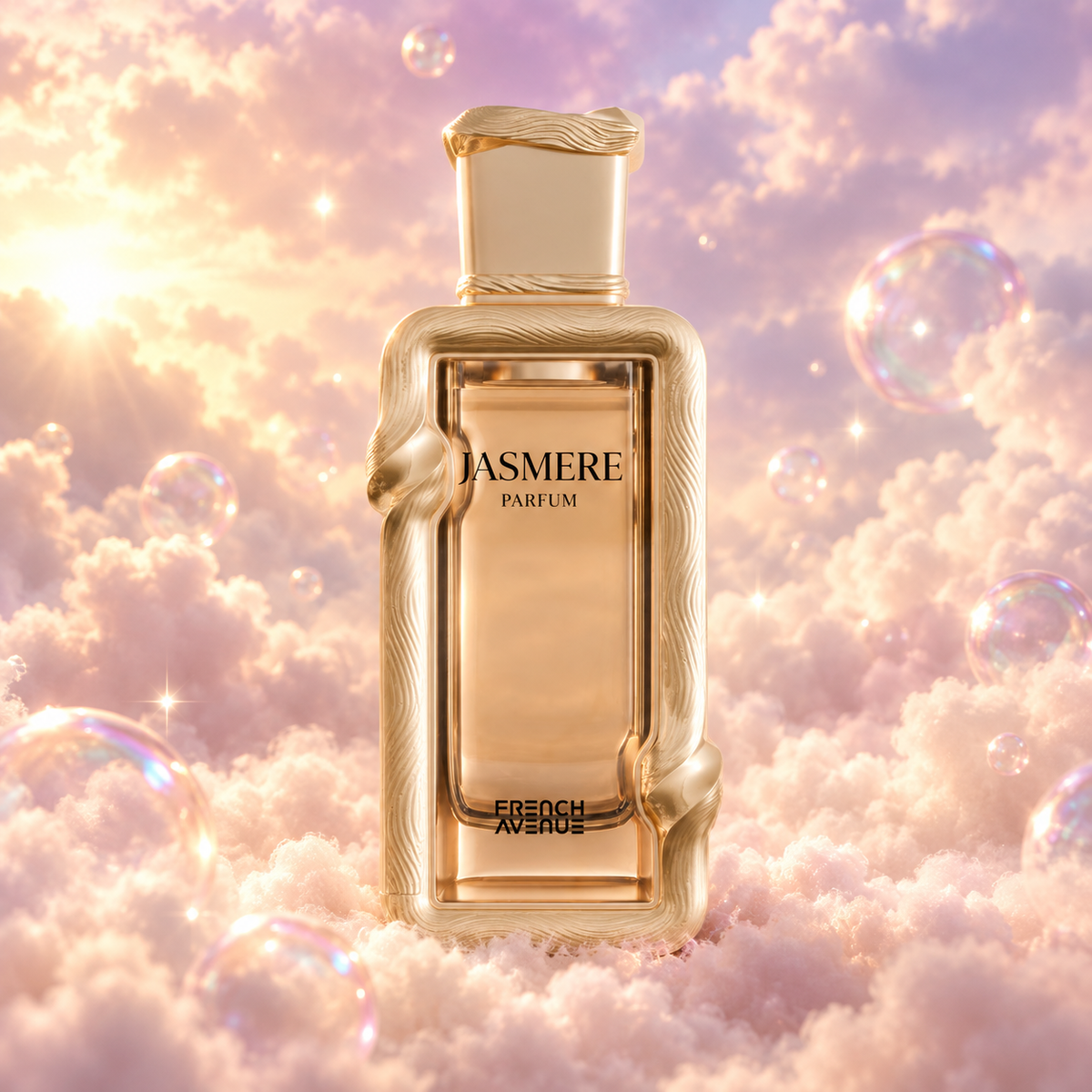Bottle of Jasmere by French Avenue on a bank of clouds, in a pink and lavender sky with iridescent bubbles and golden light.