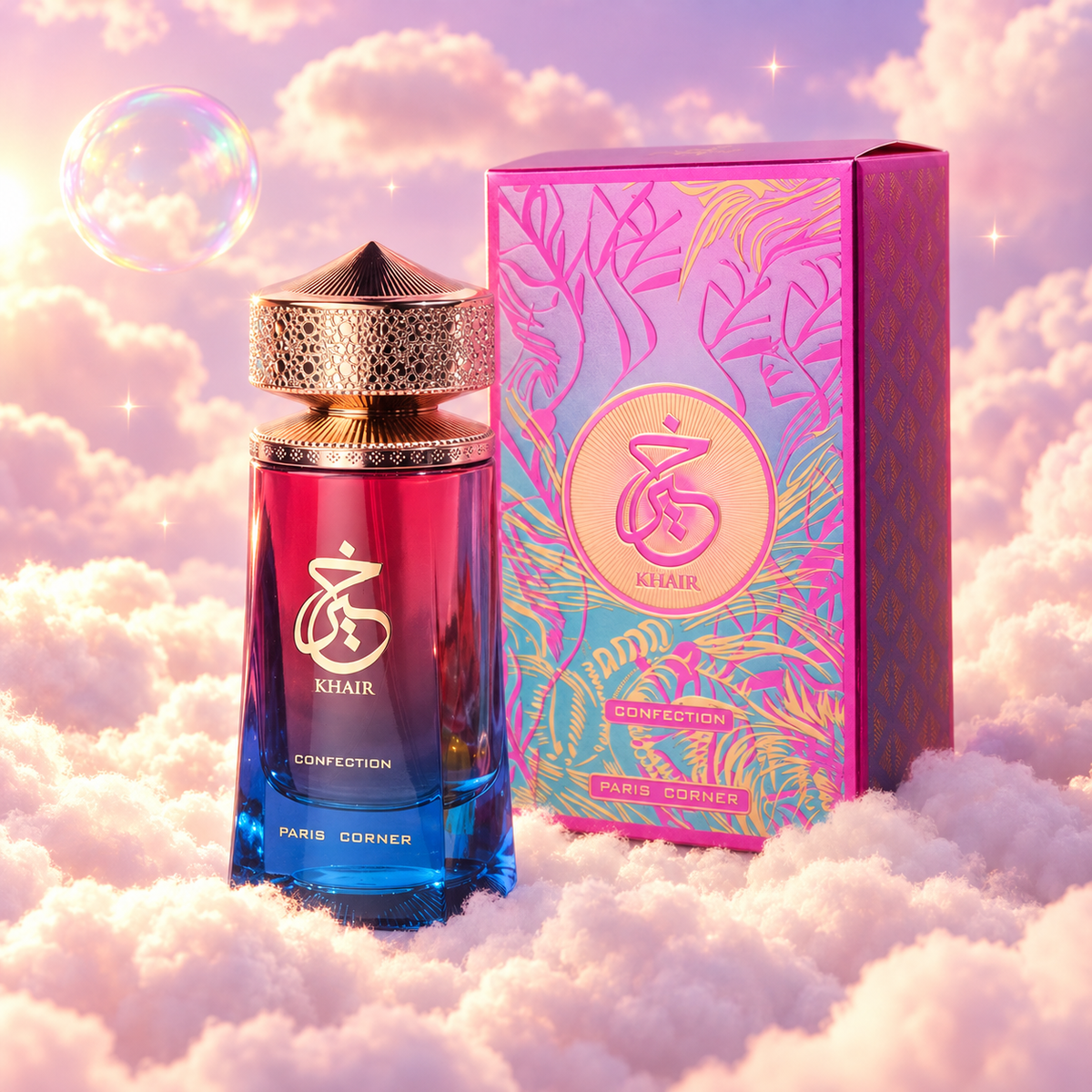 The bottle of Khair Confection by Paris Corner next to its original box, on clouds.