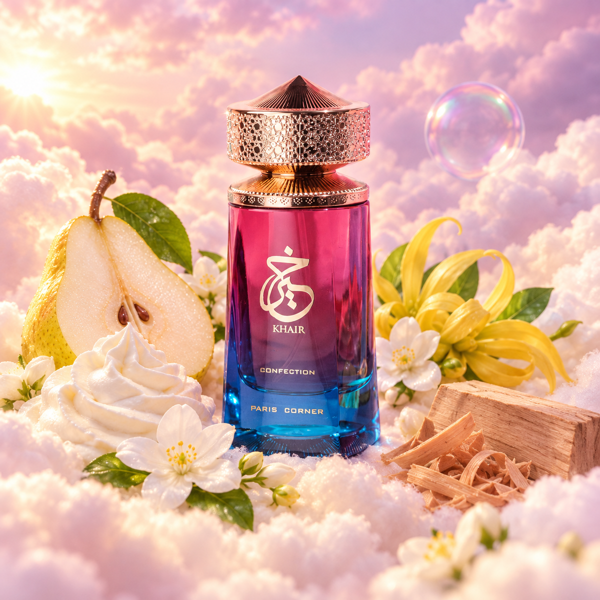 The bottle of Khair Confection by Paris Corner surrounded by pear, whipped cream, jasmine and ylang-ylang, on clouds.