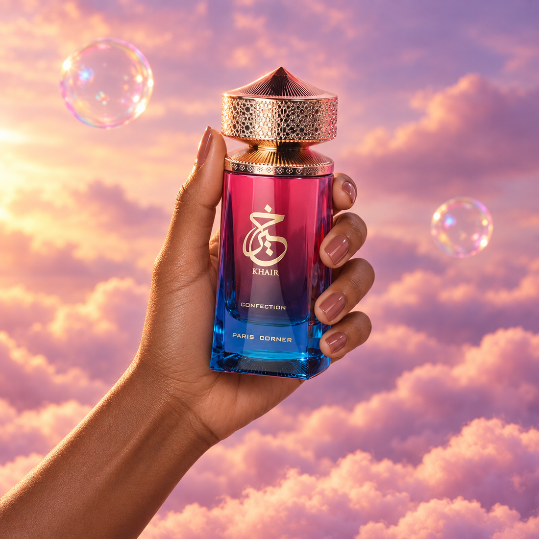 A hand holds the bottle of Khair Confection by Paris Corner among pink clouds.