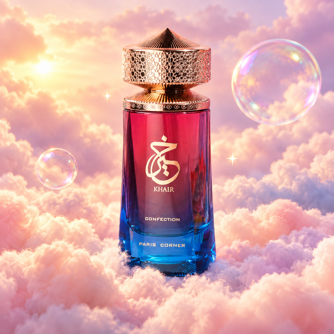 Bottle of Khair Confection by Paris Corner on a bank of clouds, in a pink and lavender sky with iridescent bubbles and golden light.