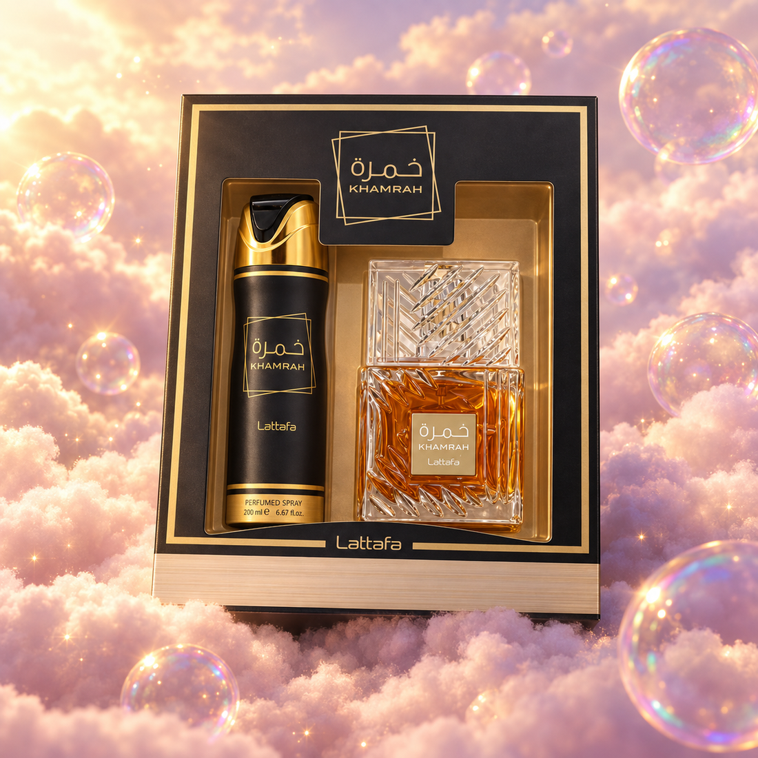 The Khamrah 2-Piece Set box by Lattafa, open with the set’s pieces inside.