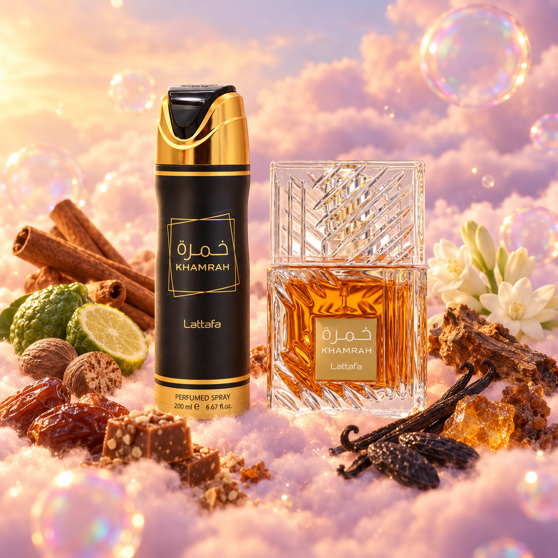 The pieces of the Khamrah 2-Piece Set by Lattafa with cinnamon, nutmeg, dates and praline, on clouds.