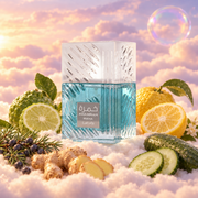 The bottle of Khamrah Waha by Lattafa surrounded by bergamot, yuzu, cucumber and sea salt, on clouds.