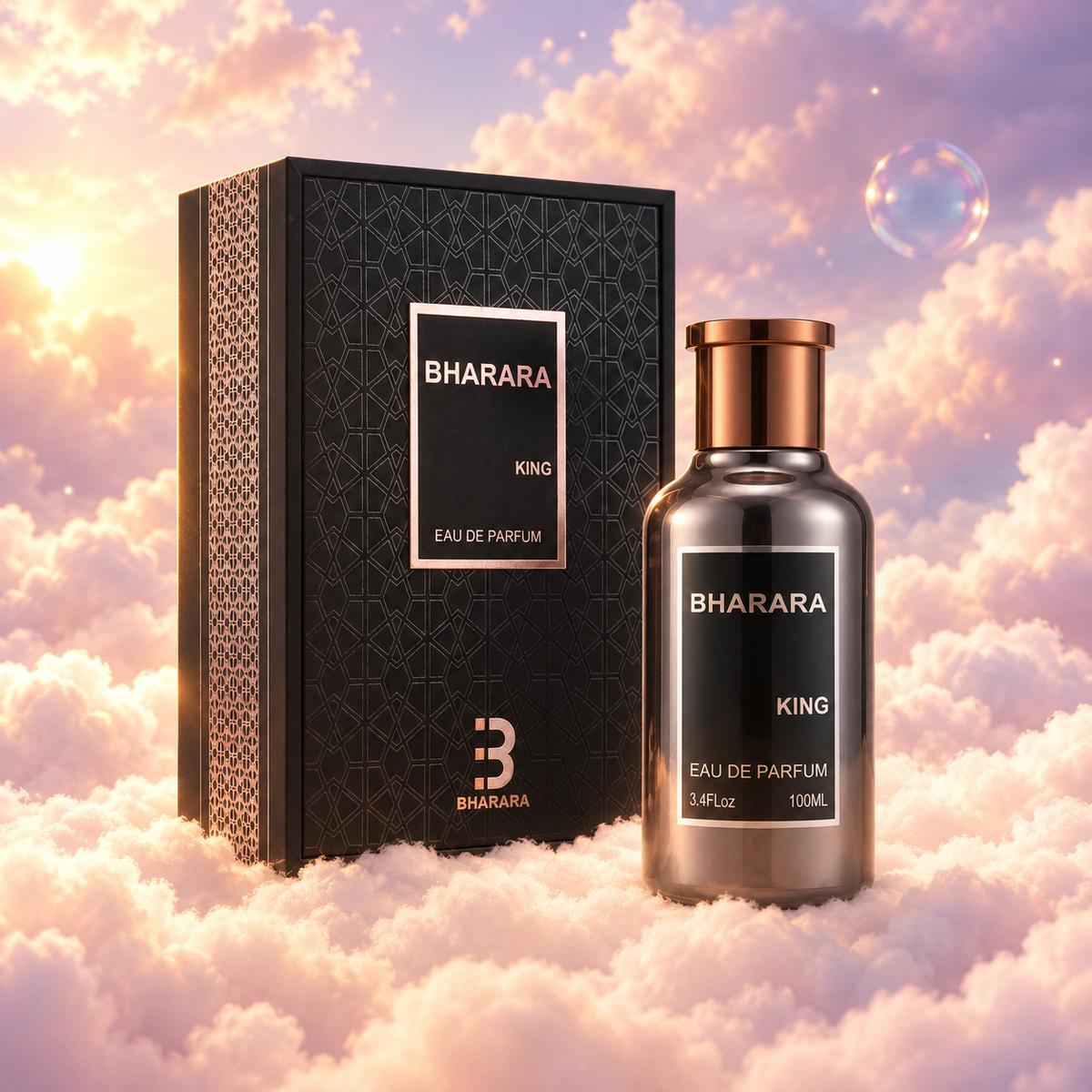 El frasco de King de Bharara junto a su caja original, sobre nubes.