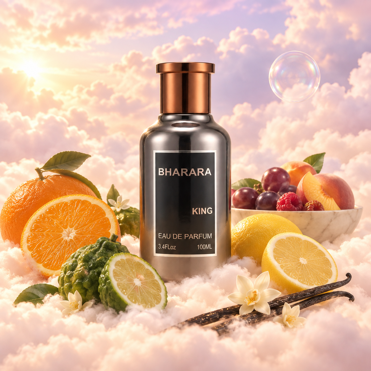 El frasco de King de Bharara rodeado de naranja, bergamota, notas frutales sobre nubes.