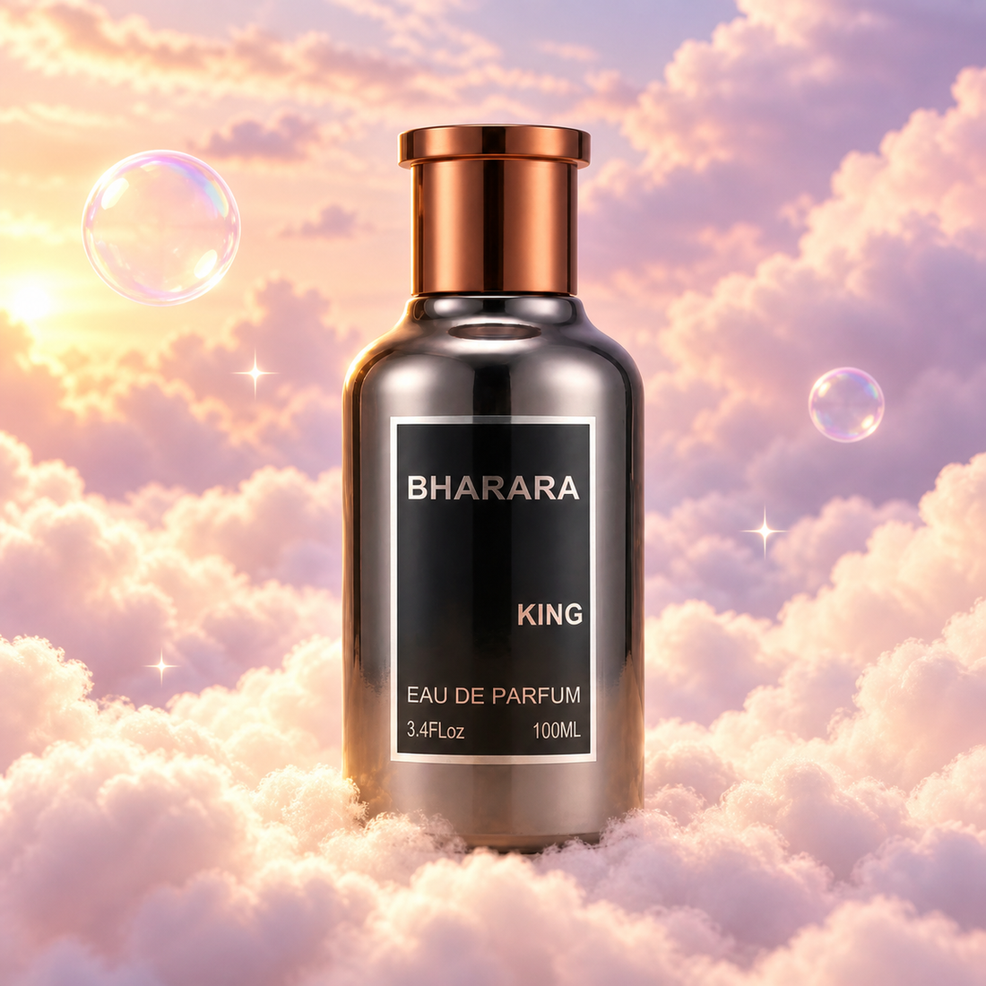 Frasco de King de Bharara sobre un banco de nubes, en un cielo rosa y lavanda con pompas iridiscentes y luz dorada.