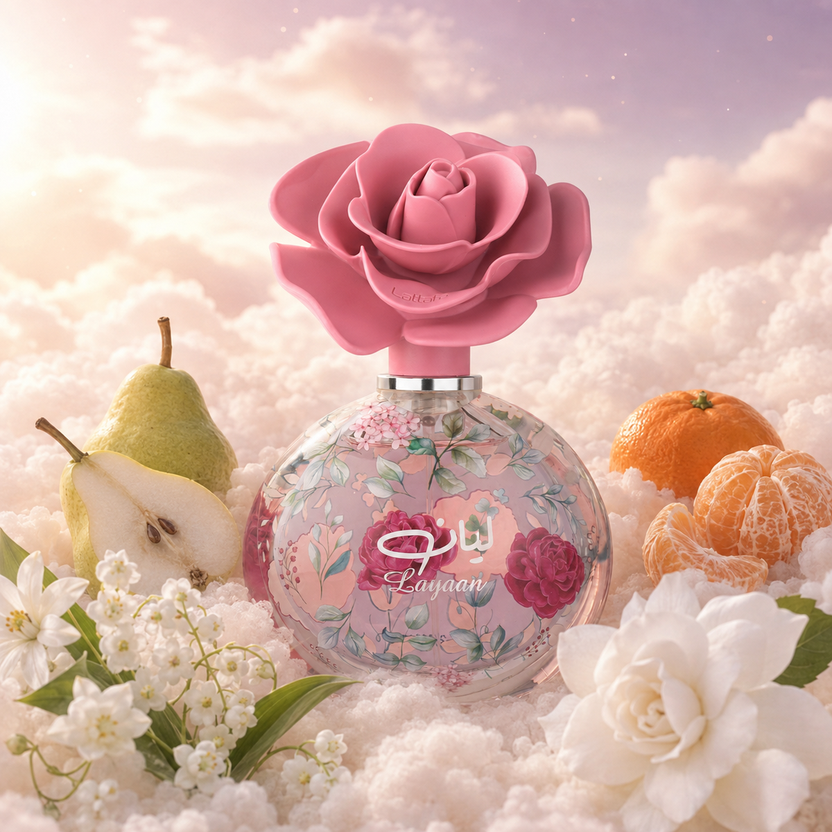 The bottle of Layaan by Lattafa surrounded by green pear, mandarin, jasmine and lily of the valley, on clouds.