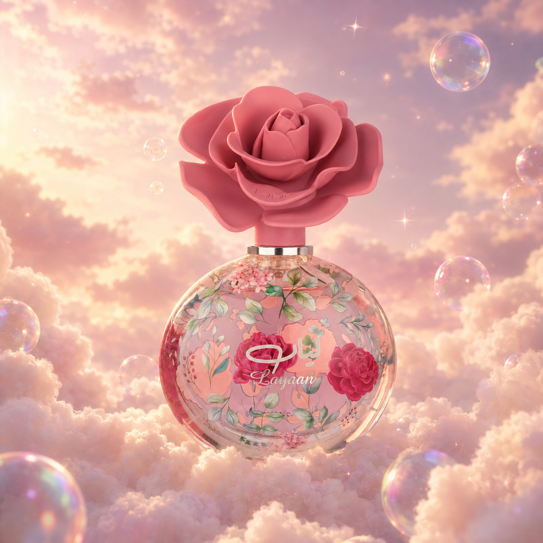 Bottle of Layaan by Lattafa on a bank of clouds, in a pink and lavender sky with iridescent bubbles and golden light.