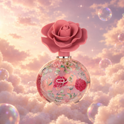 Bottle of Layaan by Lattafa on a bank of clouds, in a pink and lavender sky with iridescent bubbles and golden light.