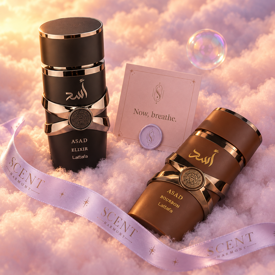 Close-up of the Lion's Den kit with the Now, breathe card and the Scent Harmony ribbon